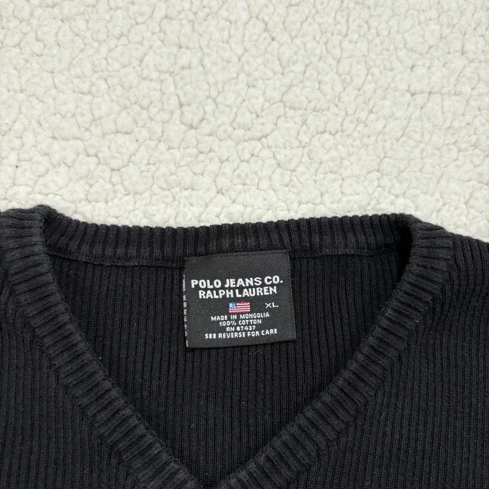 Polo Jeans Co Ralph Lauren Sweater Mens XL Black Cotton V Neck Pullover Rib Knit